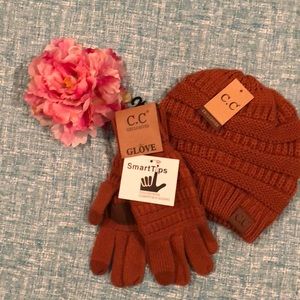 CC Brand Rust Knit Beanie Hat and Gloves